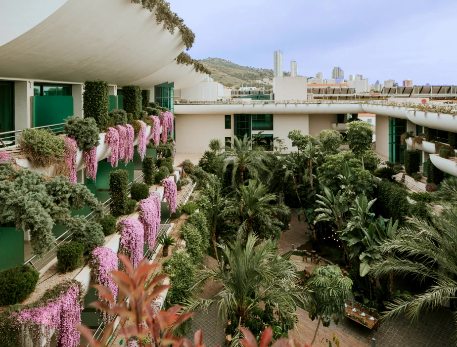 Edificio moderno rodeado de vegetaci&oacute;n y flores moradas.
