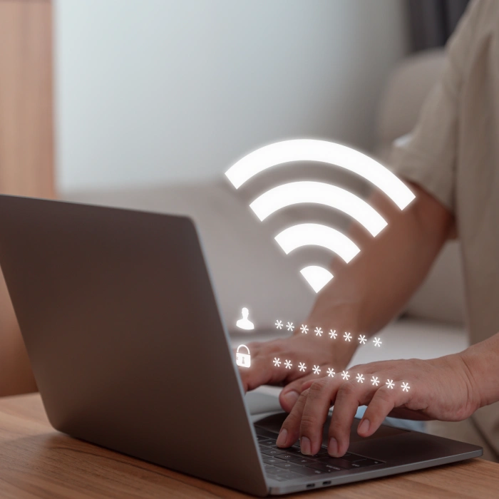 Persona escribiendo en un port&aacute;til con iconos de seguridad y Wi-Fi flotando.