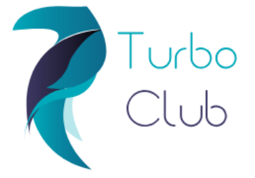 Logo estilizado con texto "Turbo Club" y dise&ntilde;o azul abstracto.