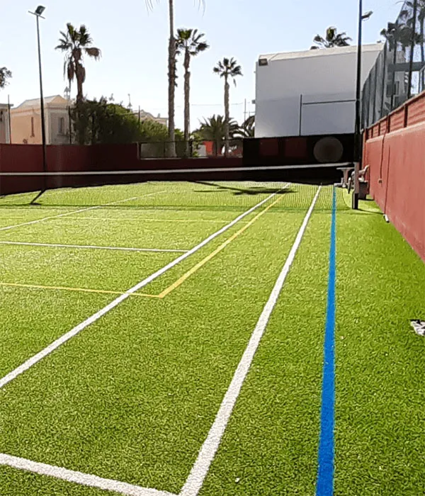 Cancha de tenis con c&eacute;sped artificial rodeada de palmeras bajo un cielo soleado.