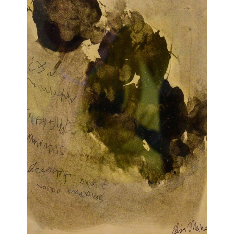 Abstract painting with dark blotches and illegible text.