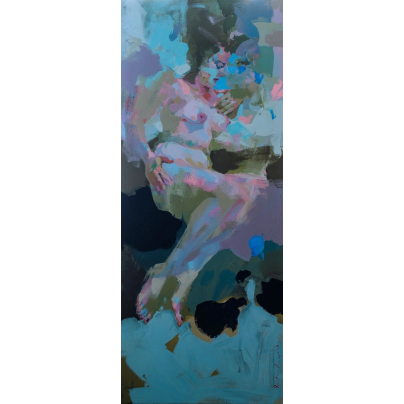Abstract painting of a reclining figure in pastel blues and pinks.