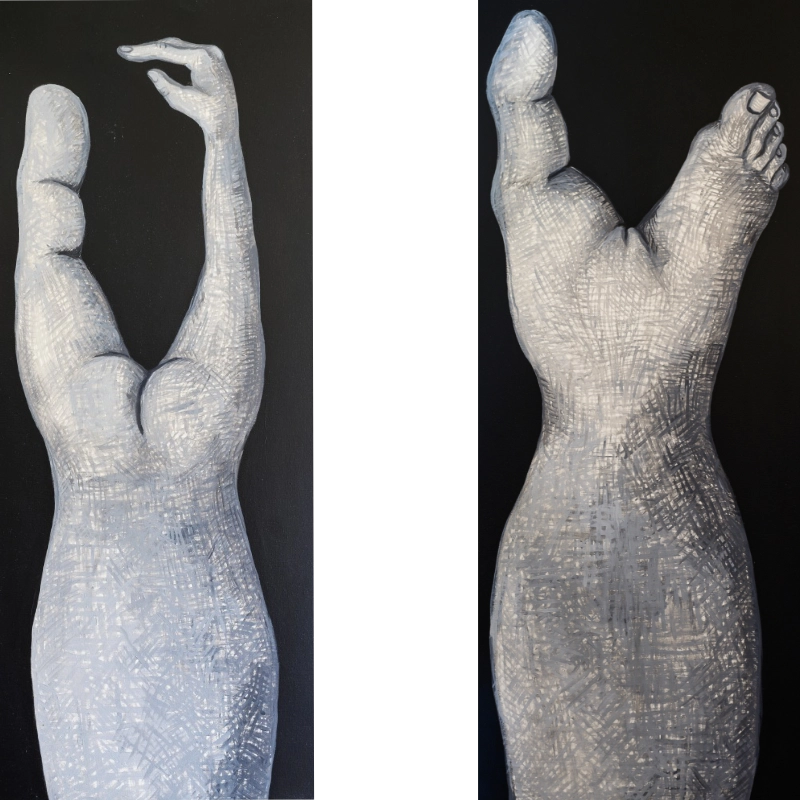 Abstract sculpture of a distorted body against a dark background.