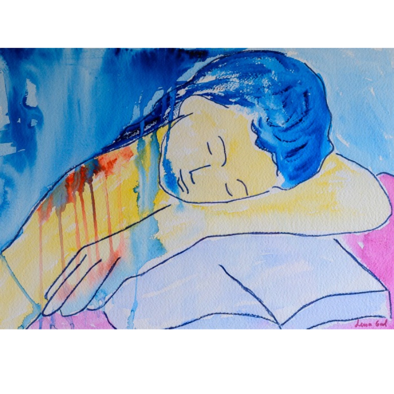 Abstract painting of a person with blue hair resting on an open book.