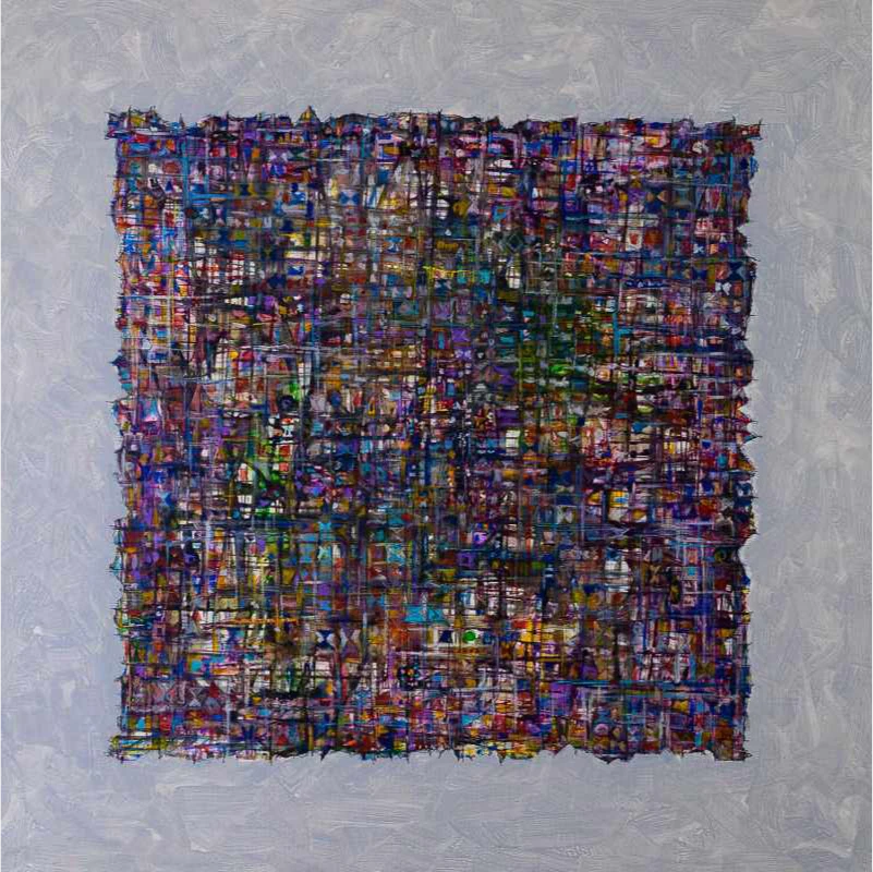 Abstract painting with a textured, colorful grid on a gray background.