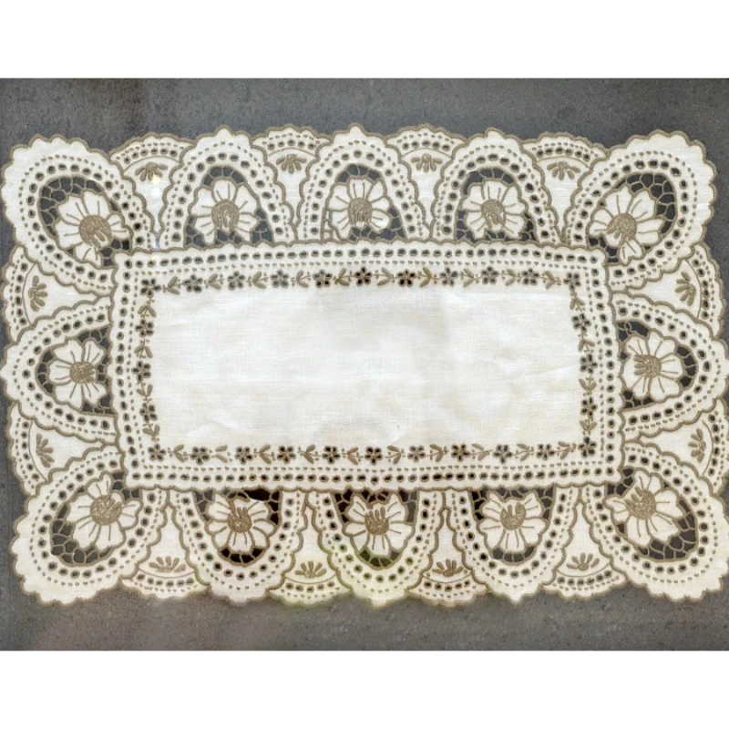 Intricate lace doily with floral patterns and scalloped edges.