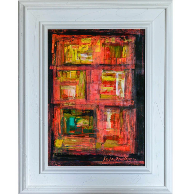 Abstract painting with vibrant red, yellow, and green colors in a white frame.