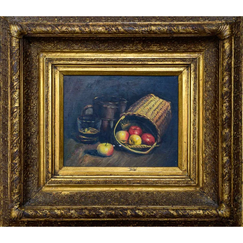 Still life painting: apples in a basket, containers on a table, ornate gold frame.