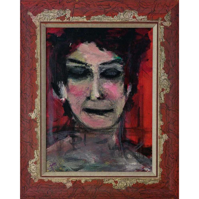 Abstract portrait painting in a decorative red and gold frame.