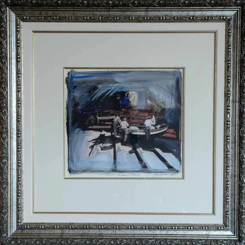 Framed abstract painting with figures by a boat.