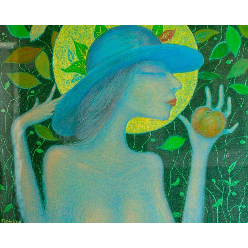 A figure in a blue hat holds a peach against a leafy, vibrant backdrop.