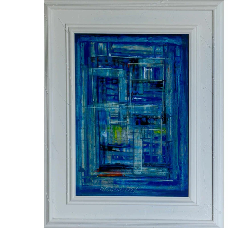Abstract blue painting with geometric patterns in a white frame.