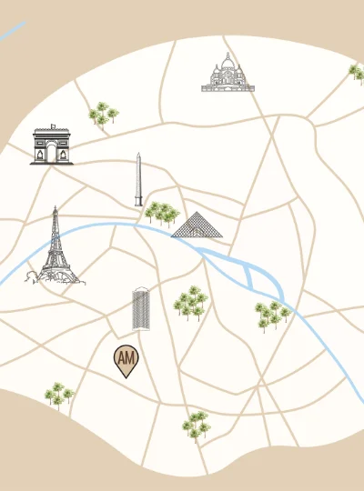 Carte stylis&eacute;e de Paris avec monuments : Arc de Triomphe, Tour Eiffel, Sacr&eacute;-C&oelig;ur.