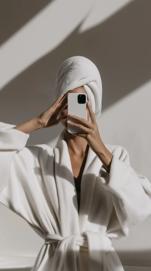 Personne en peignoir, serviette nou&eacute;e, prenant un selfie avec un t&eacute;l&eacute;phone.