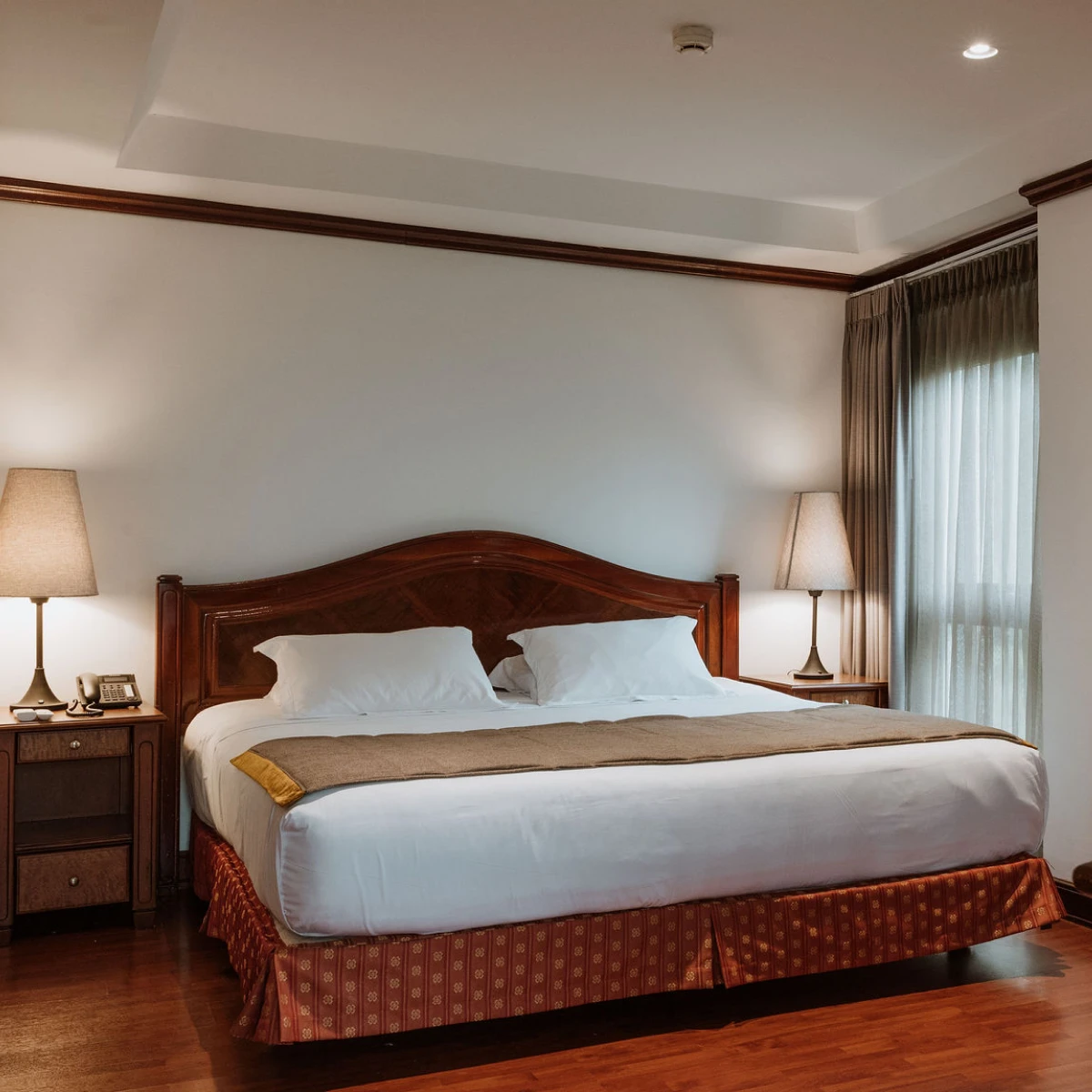 Cama doble con cabecero de madera y l&aacute;mparas, junto a una ventana con cortinas.