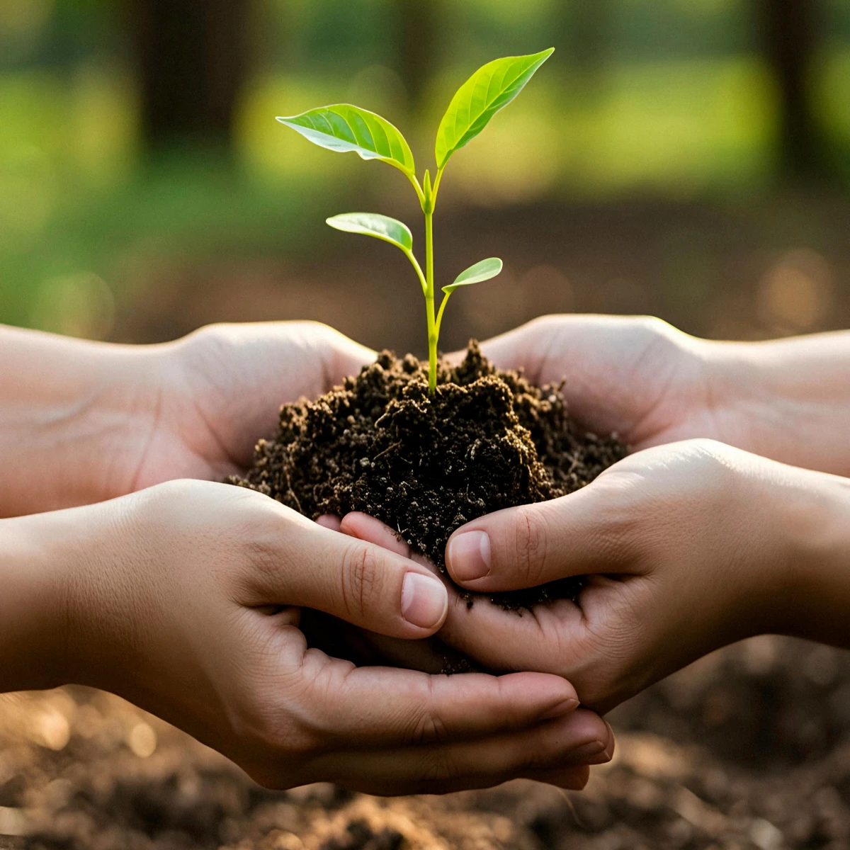 Manos sosteniendo una planta peque&ntilde;a en un pu&ntilde;ado de tierra.