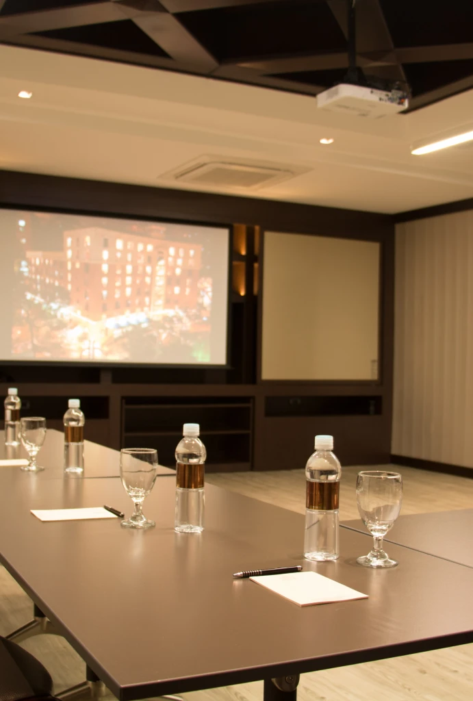 Sala de conferencias con mesa, botellas de agua y pantalla grande.