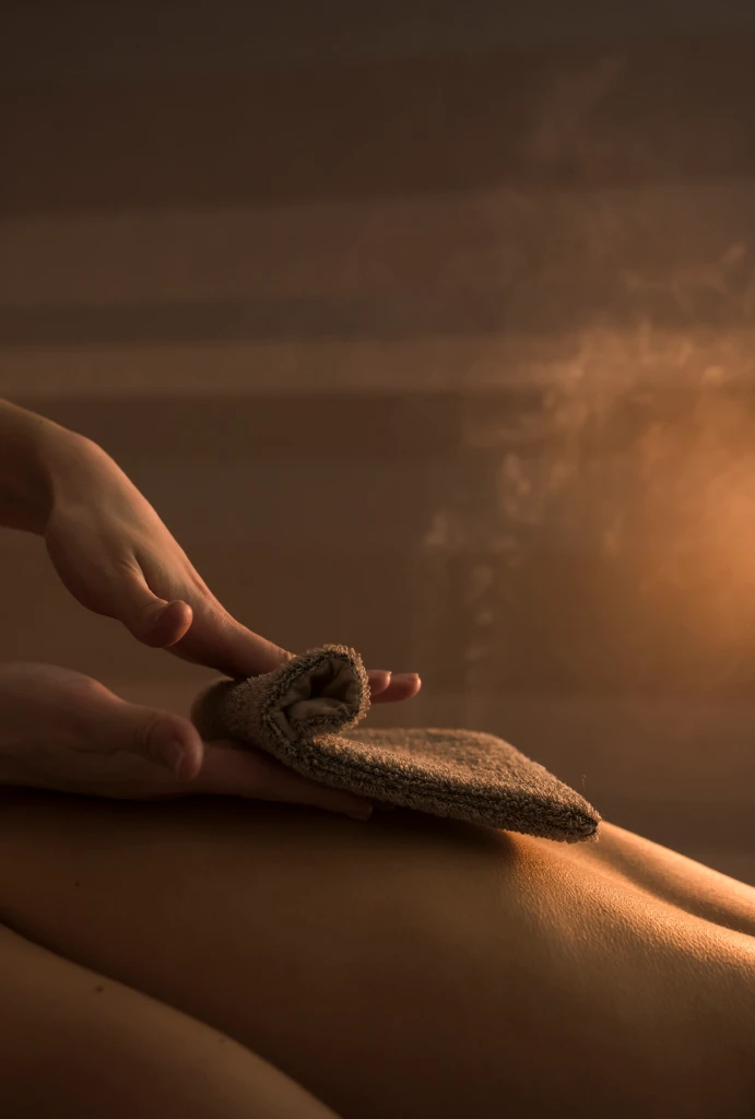 Manos colocando una toalla sobre la espalda en un ambiente relajante.