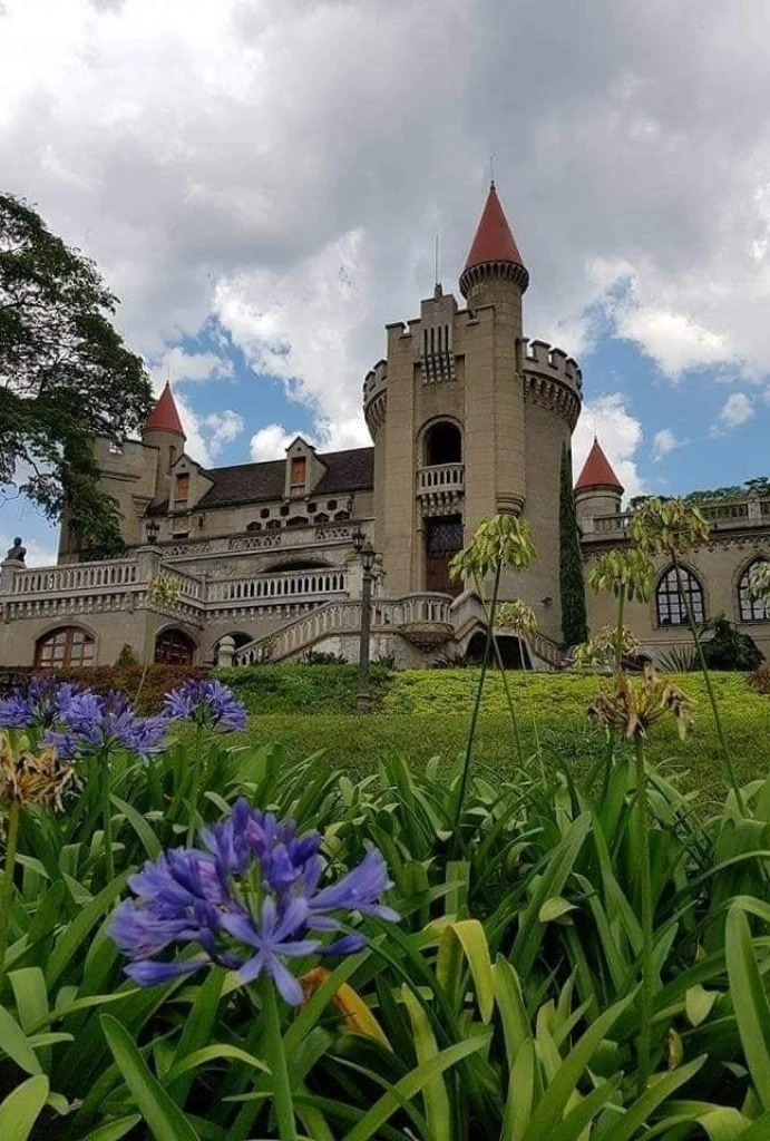 Castillo con torres y flores moradas en primer plano bajo el cielo nublado.