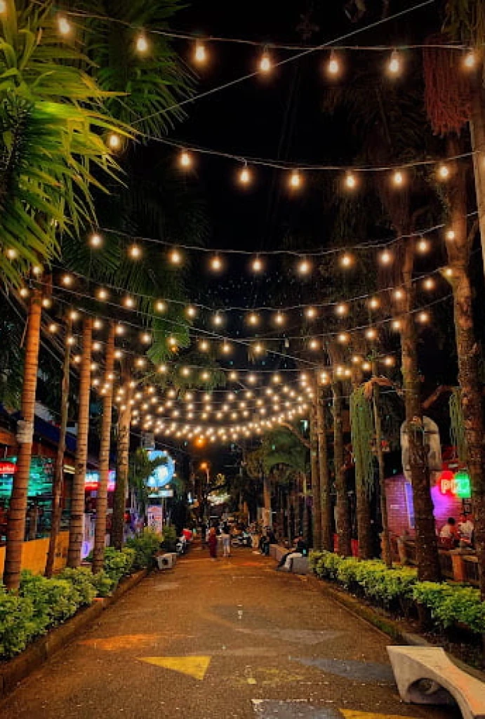 Calle iluminada con guirnaldas de luces y palmeras de noche.