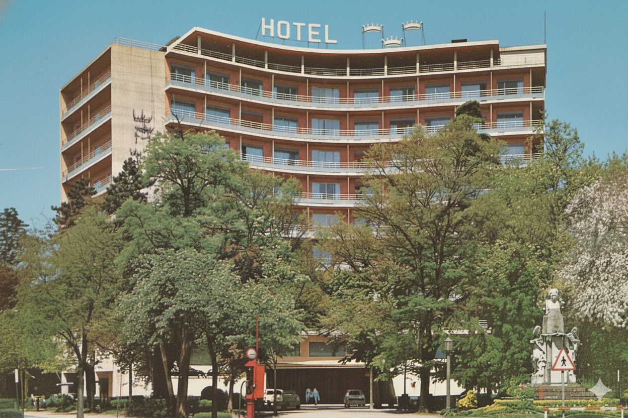 Hotel grande detr&aacute;s de &aacute;rboles con una estatua al frente.