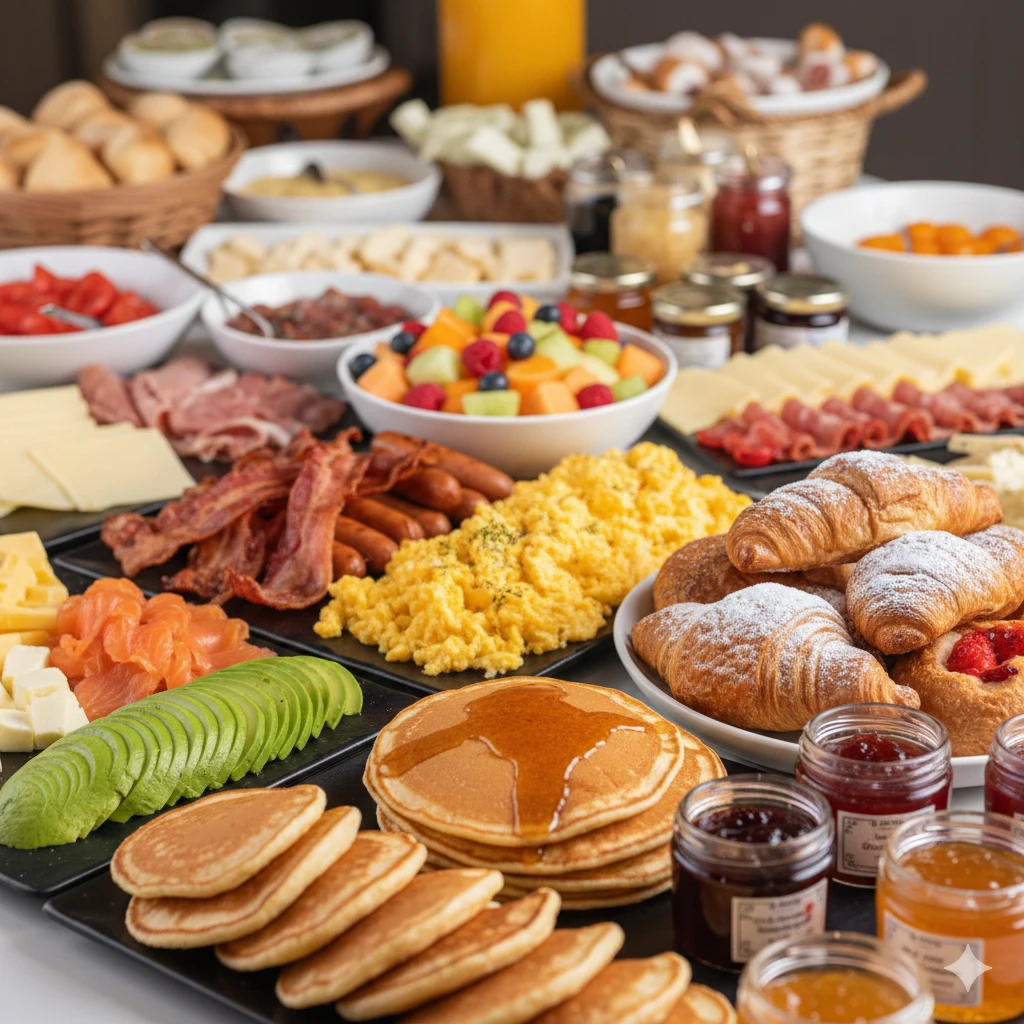 Caf&eacute; da manh&atilde; buffet com p&atilde;es, frutas, ovos, panquecas e acompanhamentos.