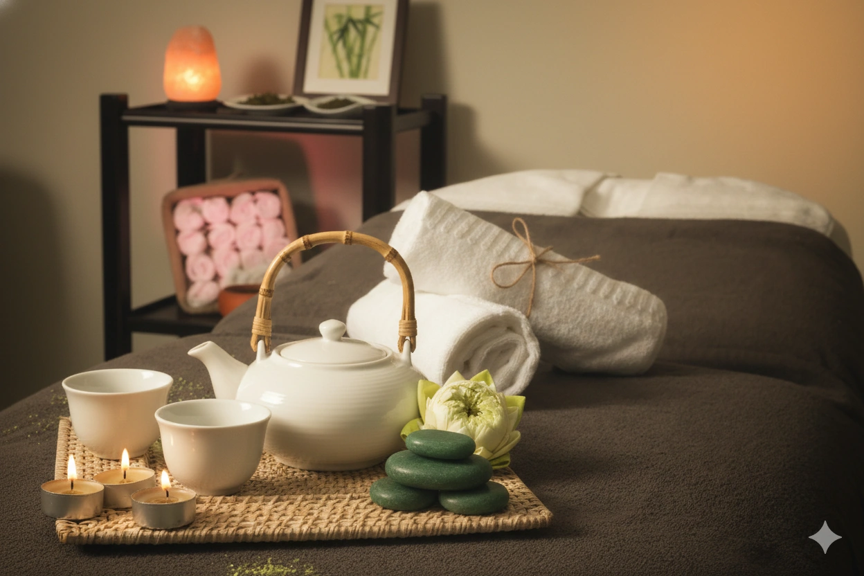 Ambiente de spa com toalhas, bule, velas e pedras decorativas.