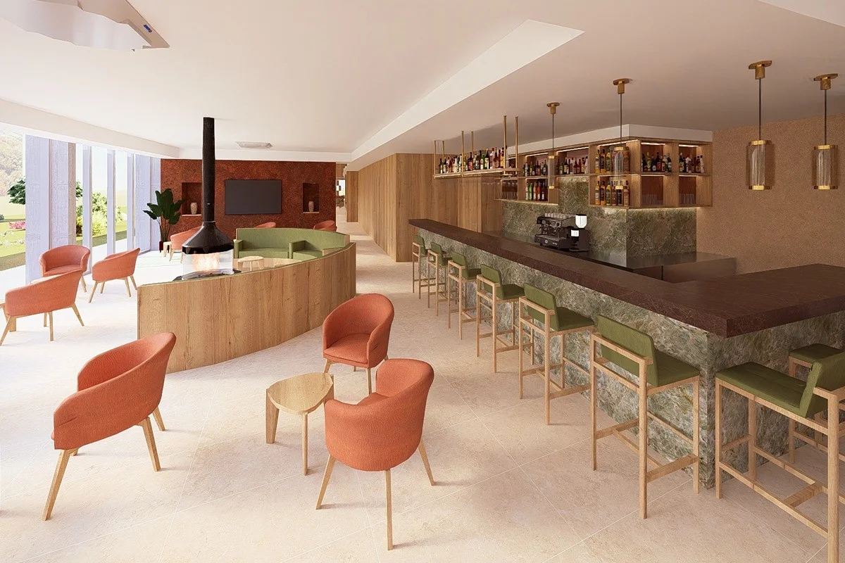 Bar moderno com poltronas laranja, balc&atilde;o e &aacute;rea de estar.