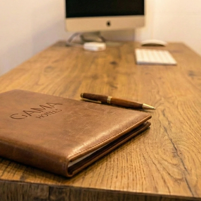 Carpeta de cuero y bol&iacute;grafo en un escritorio de madera con computadora al fondo.