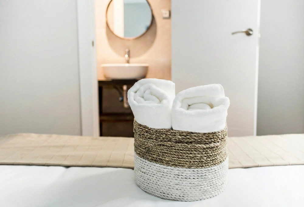 Toallas blancas enrolladas en una cesta junto a un lavabo y un espejo.