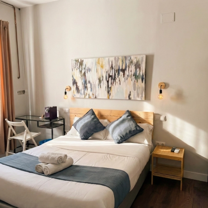 Habitaci&oacute;n clara con cama doble, arte abstracto, mesa y silla plegable.