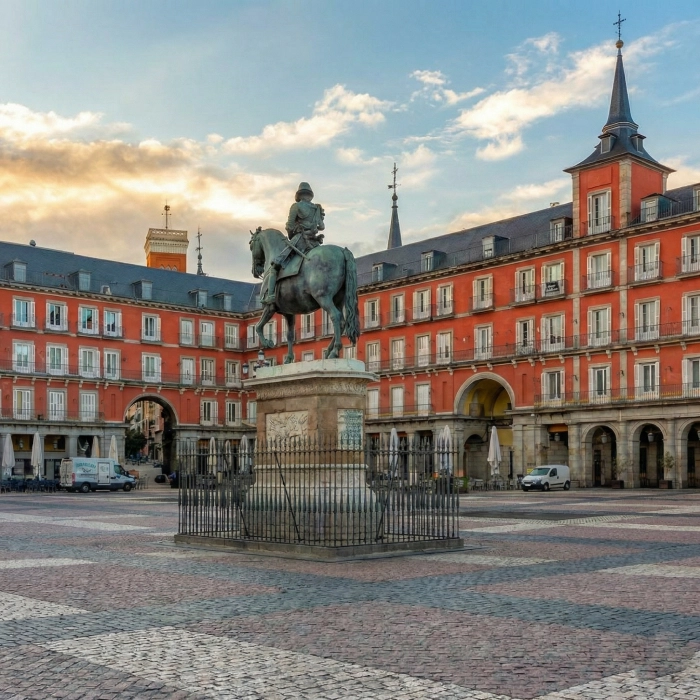 Estatua ecuestre en plaza rodeada de edificios hist&oacute;ricos bajo cielo azul.