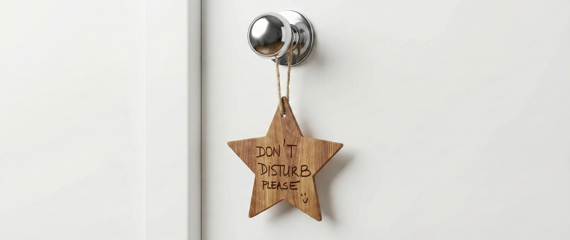 Estrella de madera colgada en puerta con mensaje "Don't disturb please :)".