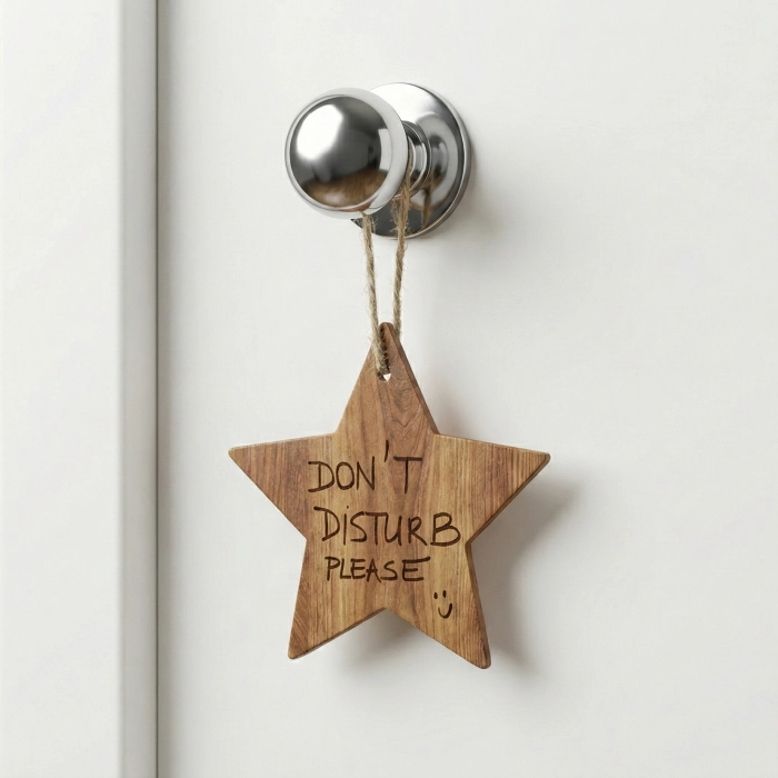 Letrero de estrella colgando que dice "Don't disturb please" con carita sonriente.