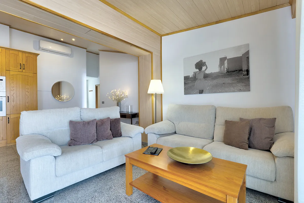 Sala con sofás, mesa de madera, lámpara y cuadro en la pared.