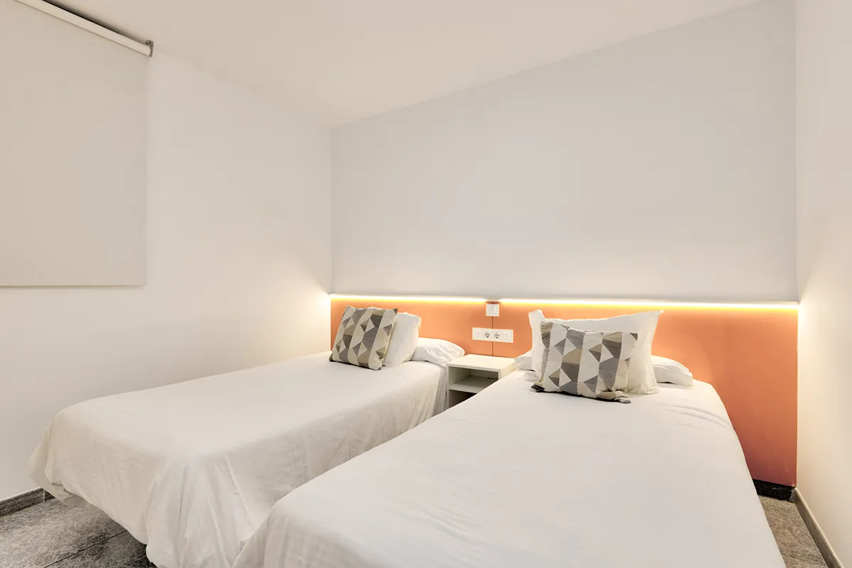 Dos camas individuales con almohadas decorativas en un cuarto iluminado.