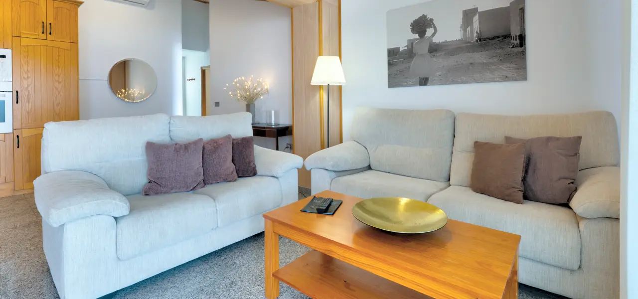 Sala con sof&aacute;s, mesa de centro y decoraci&oacute;n minimalista.