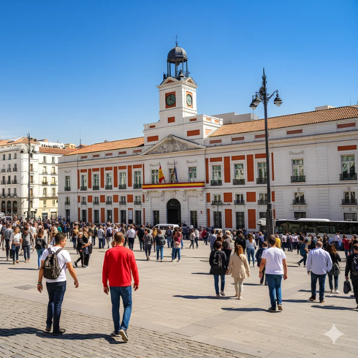 Plaza concurrida frente a un edificio emblem&aacute;tico con reloj y bandera en el centro de la ciudad.