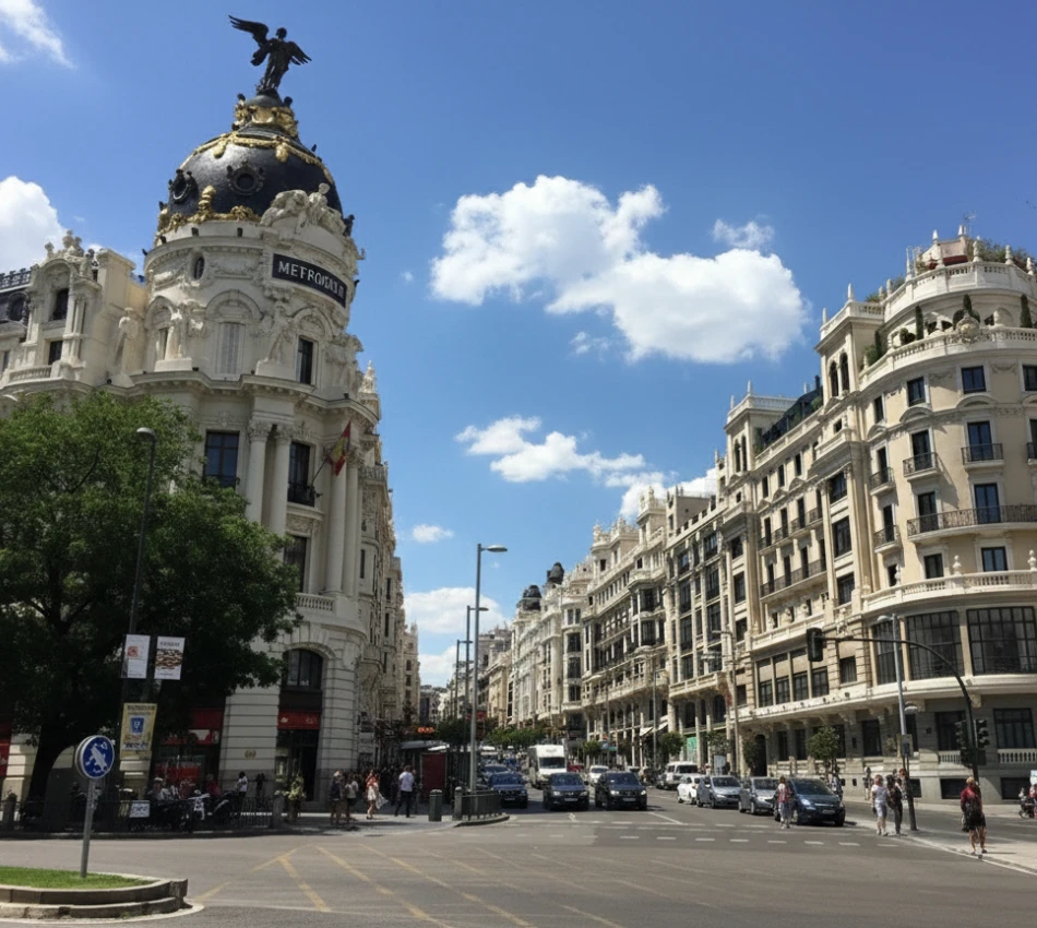 Edificio Metropolis en Madrid, con tr&aacute;fico y cielo despejado.