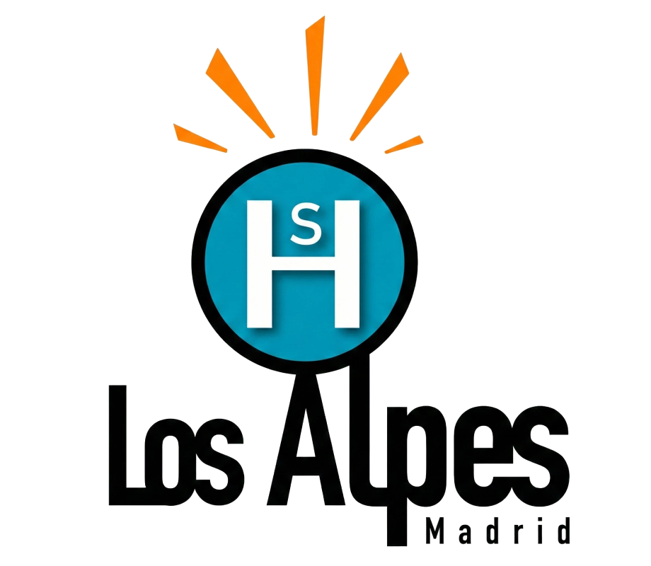 Logotipo con un c&iacute;rculo azul con "H S", texto "Los Alpes Madrid" y rayos naranjas arriba.