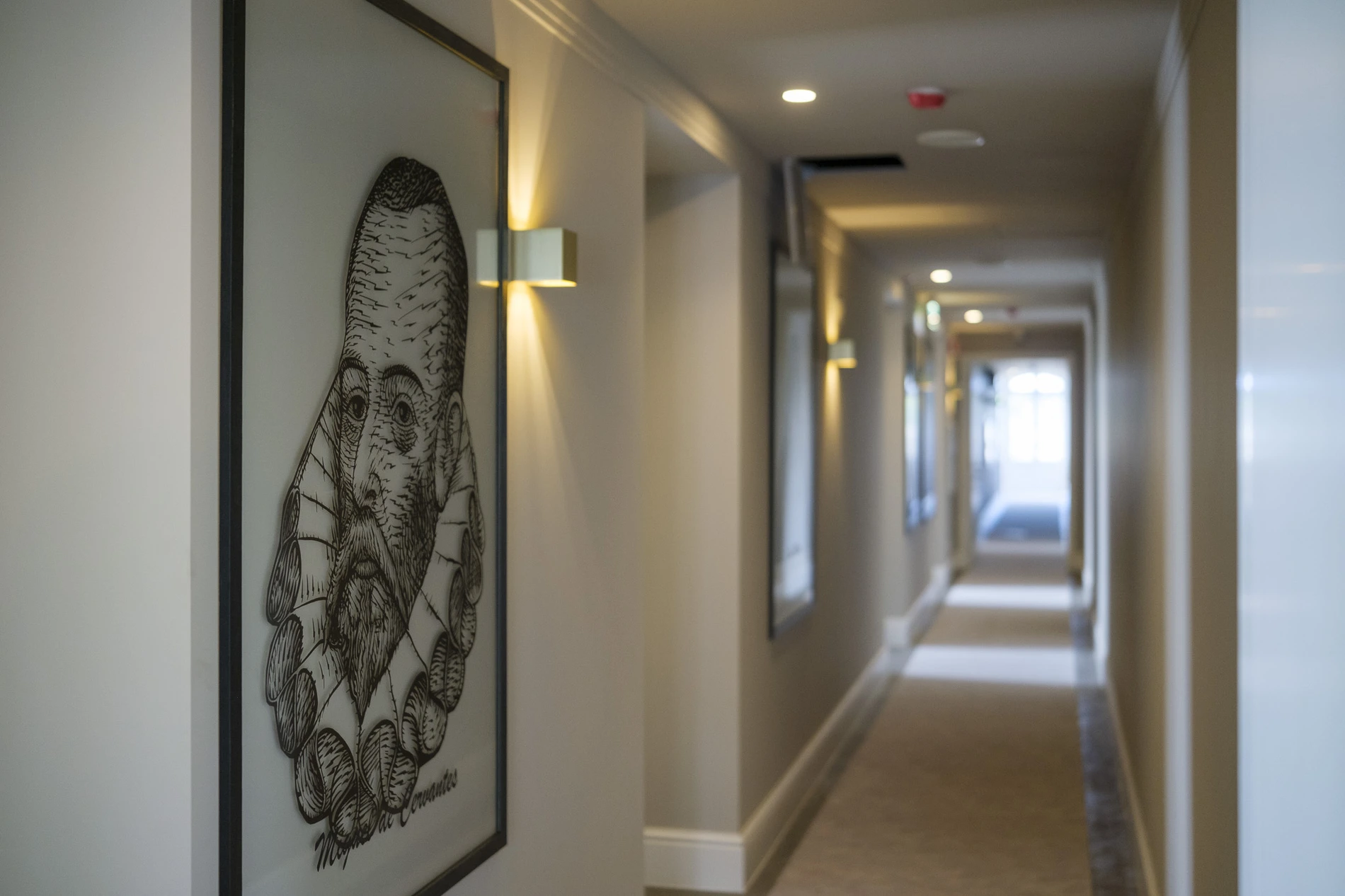 Corredor de hotel com retrato emoldurado na parede.