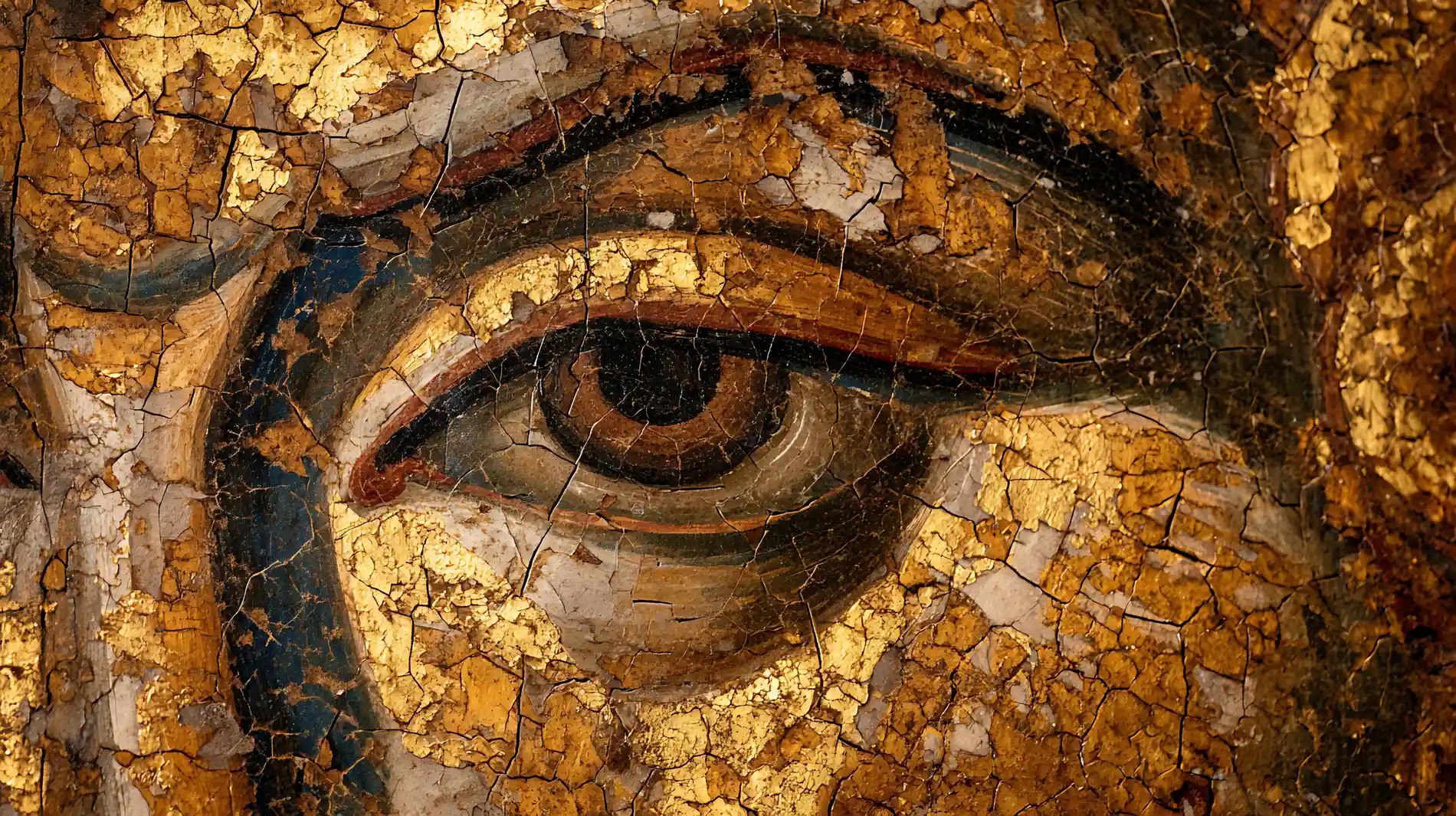 Pintura de um olho com detalhes dourados envelhecidos e rachaduras vis&iacute;veis.