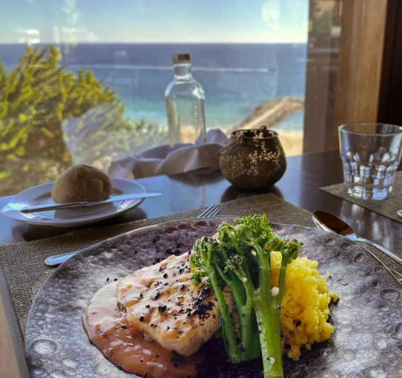 Prato com peixe, br&oacute;colis e arroz. Vista do mar ao fundo.