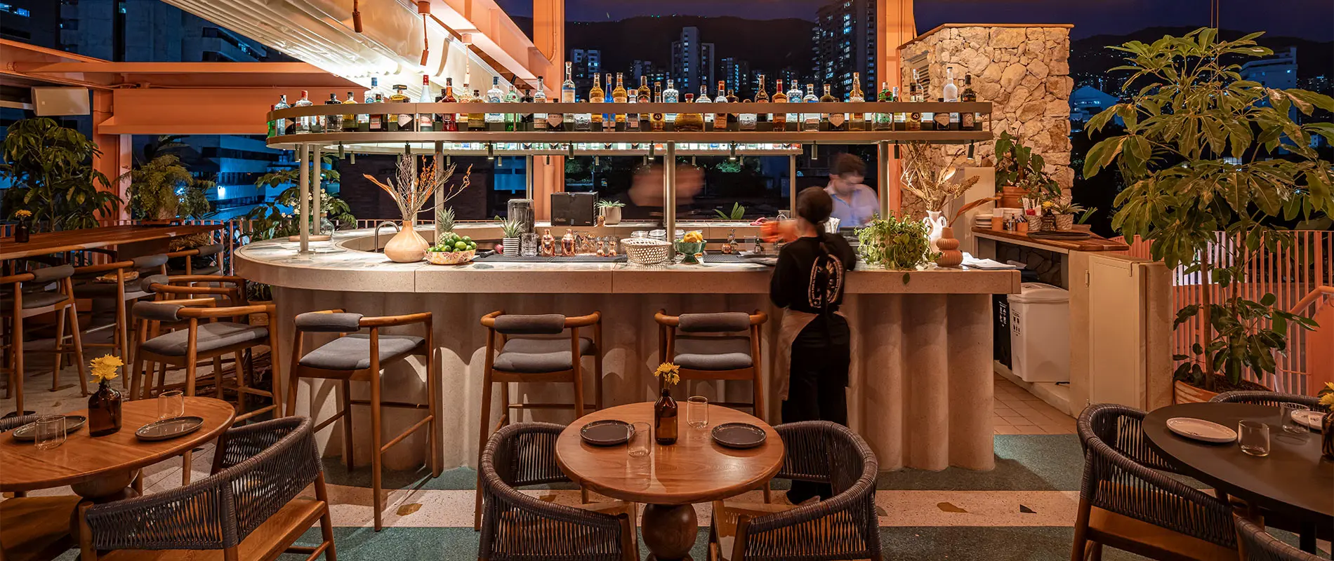 Bar moderno con luces c&aacute;lidas y decoraci&oacute;n de plantas y botellas.