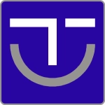 Logo azul con l&iacute;nea gris curva y l&iacute;neas blancas formando una "T" estilizada.