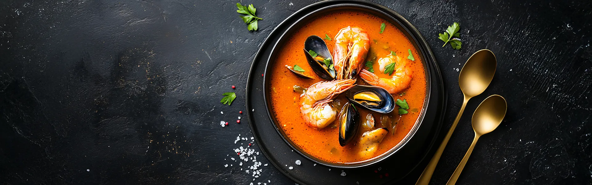 Sopa de mariscos en plato negro, decorada con hierbas.