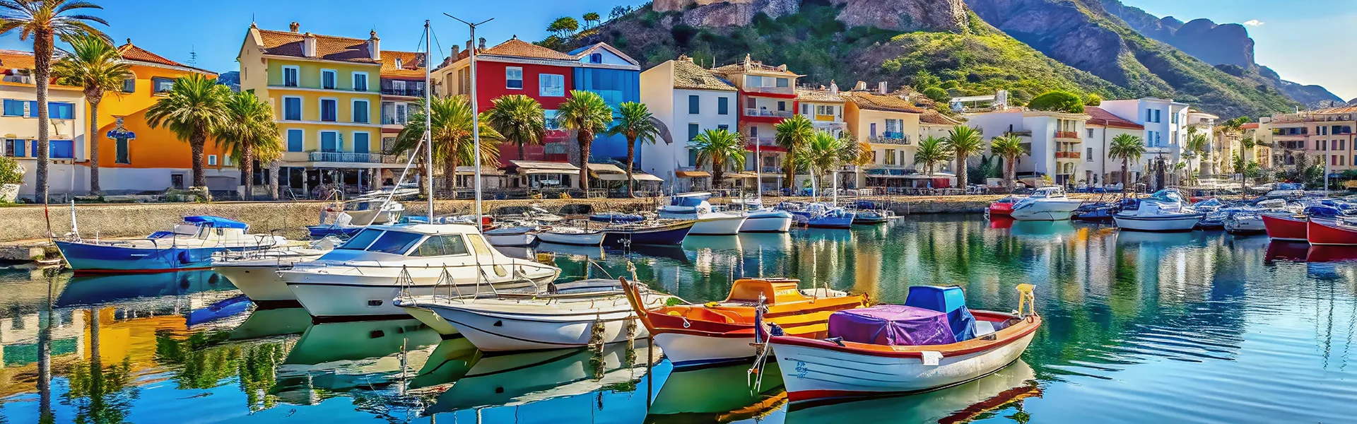 Puerto con barcos, edificios coloridos y monta&ntilde;as al fondo.