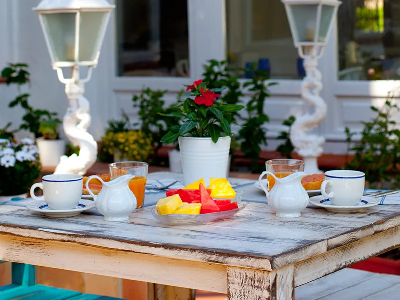 Mesa en terraza con desayuno, frutas y una planta con flores rojas.