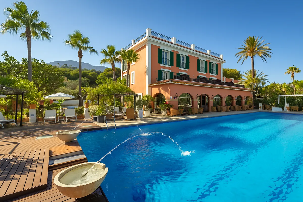 Edificio junto a una piscina rodeada de palmeras y sillas blancas.