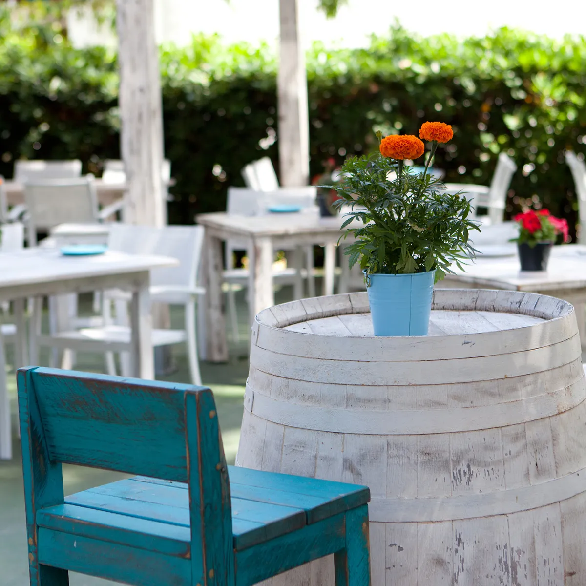 Mesa barril con planta y silla en patio al aire libre.
